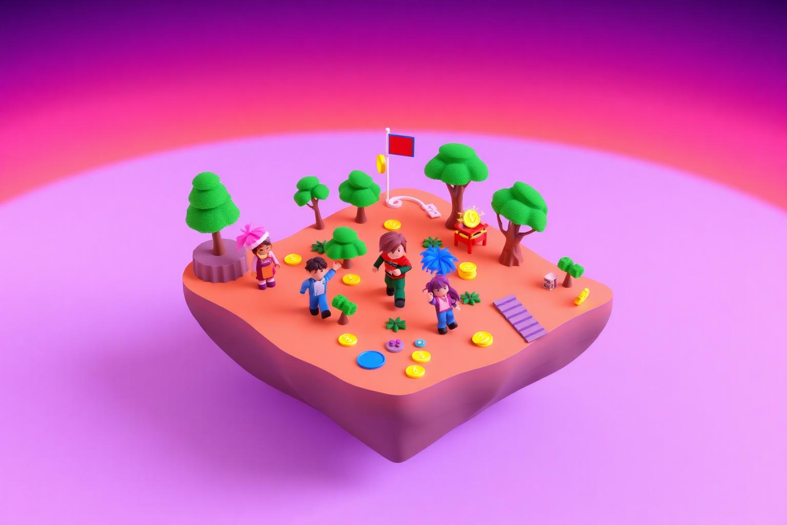 Isometric Roblox-style island with characters and coins